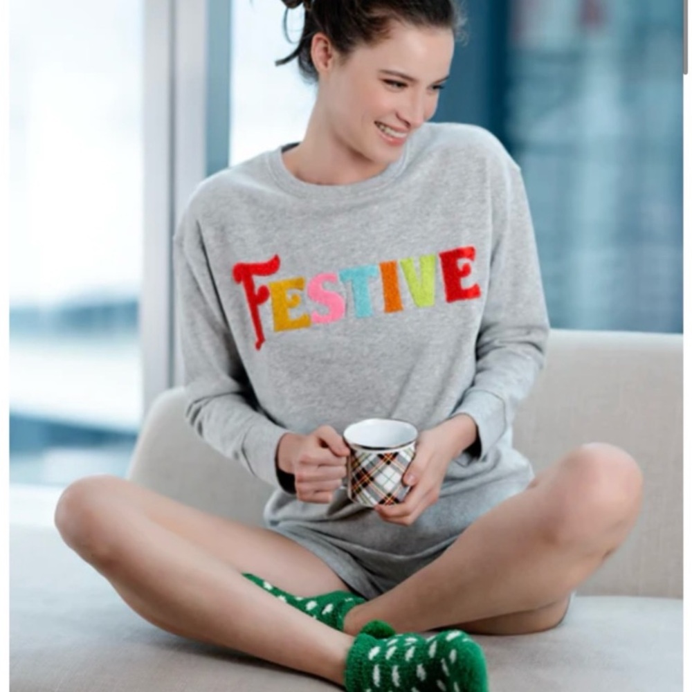 Shiraleah FESTIVE Colorful Textured Applique Cotton Gray Sweatshirt Crewneck L